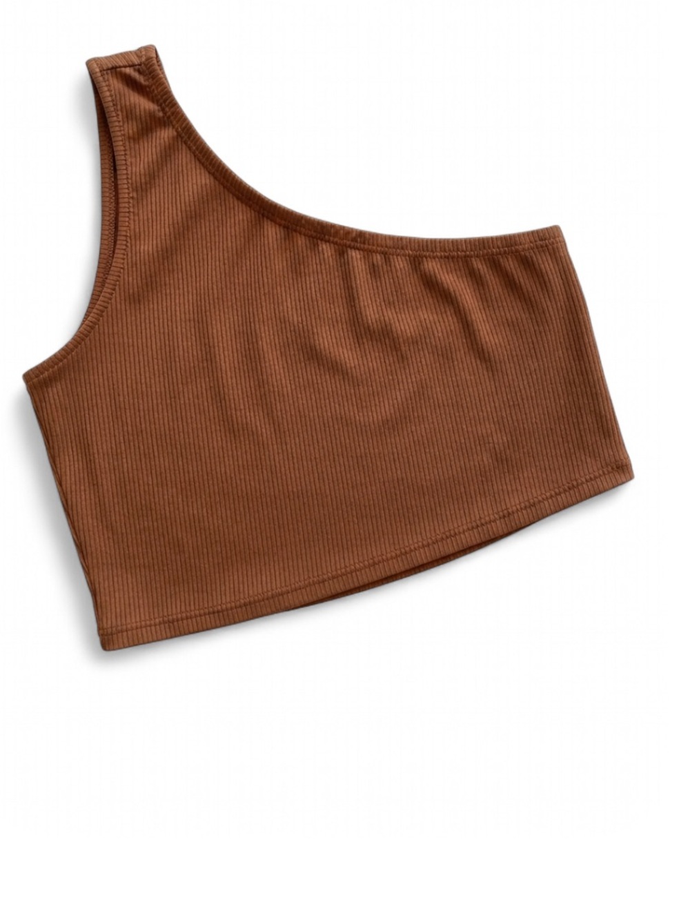 One Shoulder Ribbed Crop Top in Warm Brown - 3X PLUS SIZE